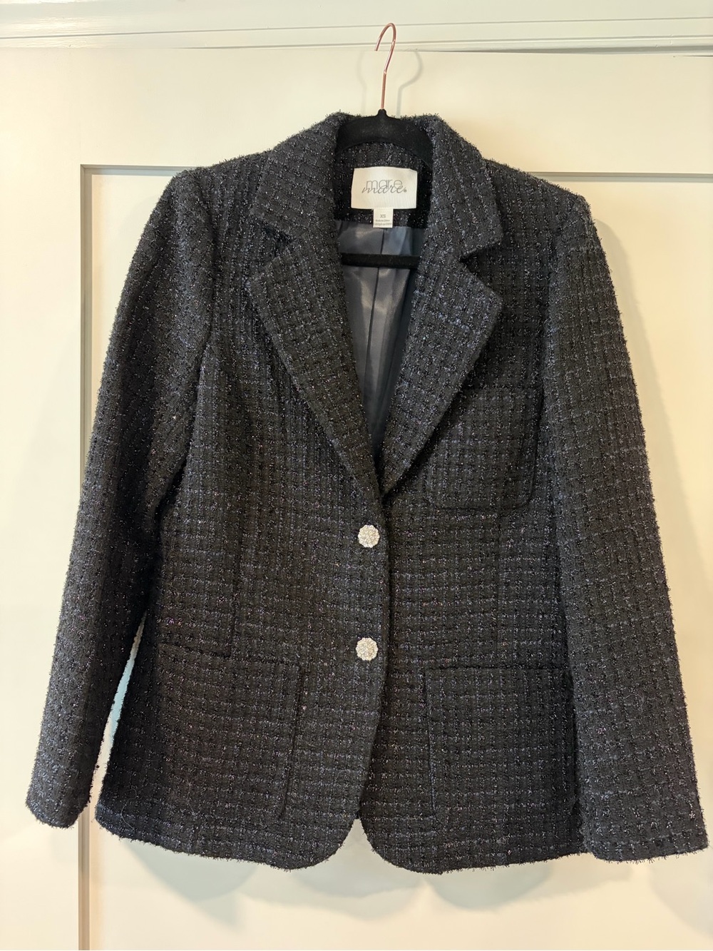 Mare Mare Textured Shimmer Black Tweed Blazer with Crystal Buttons